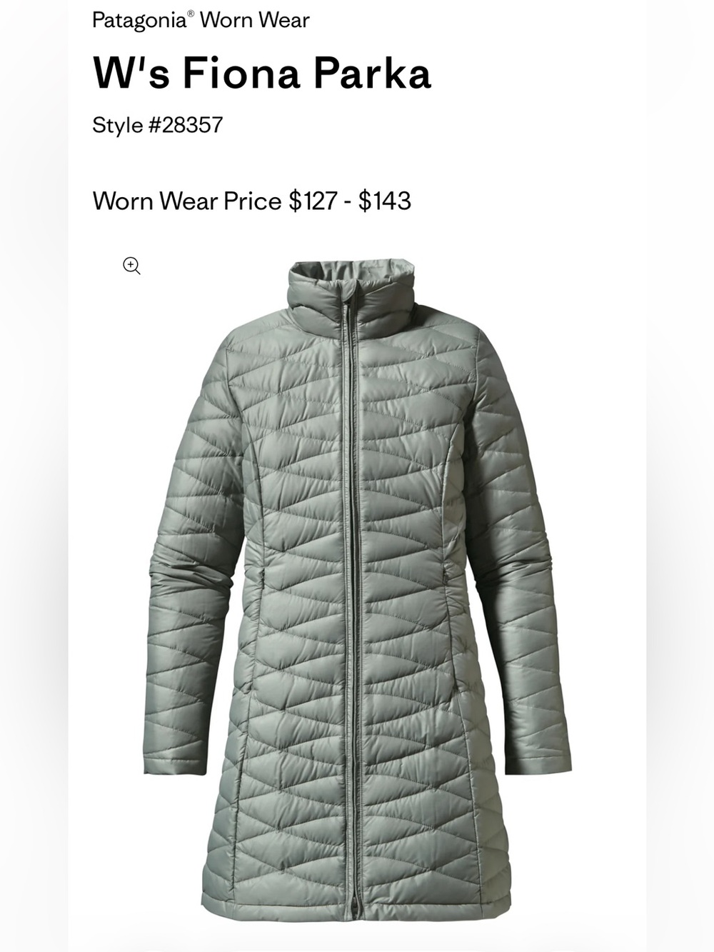 Patagonia Fiona Parka Quilted — Verdigris Color - Down Filled
